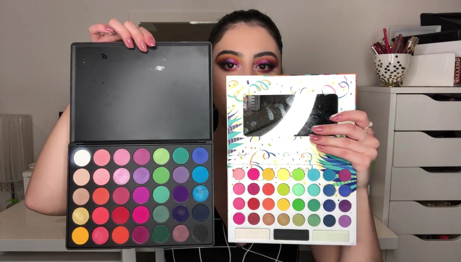 Side-by-side comparison of the BH Cosmetics and Morphe palettes (if available in the video).