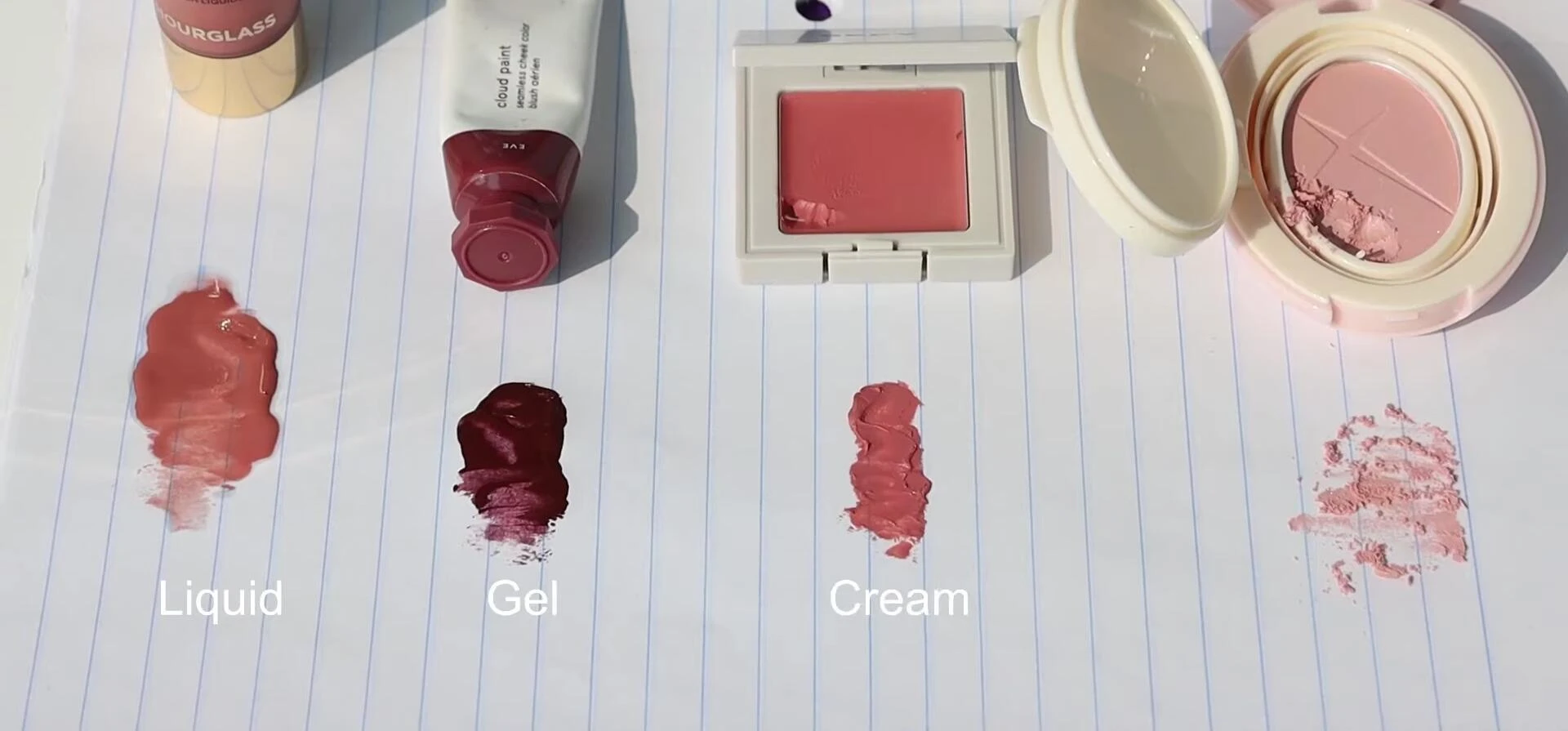 Different types of blush: powder, cream, gel, and liquid.