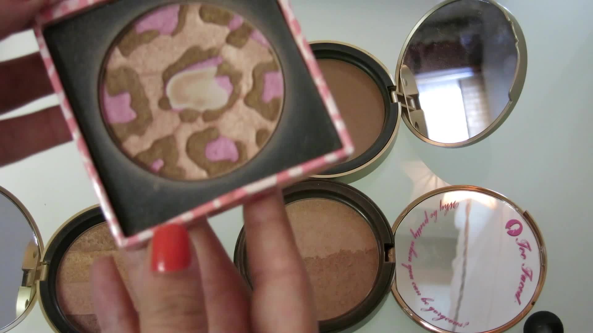 Close-up of the older Too Faced Pink Leopard bronzer packaging.