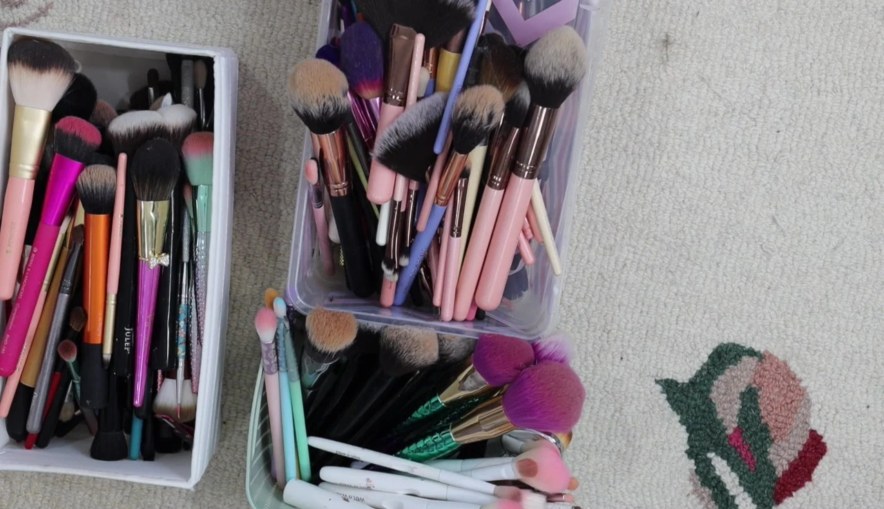 The speaker shows a collection of her remaining brushes after the declutter.