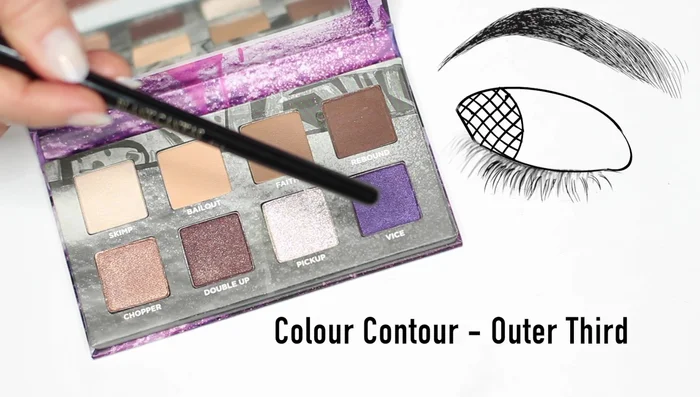 Apply shade number four on the outer edge of the eye, then layer shade number eight (purple) over it to ground the purple.