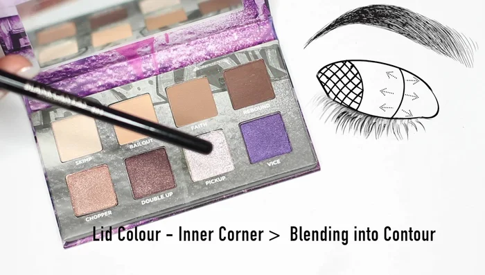 Apply shade number seven on the rest of the lid, concentrating on the inner corner and sweeping to meet the purple. Add extra shade number seven on a damp brush to the inner corner for shine.