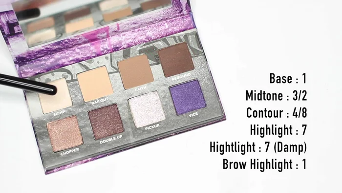 Use shade number one under the brows instead of shade number seven to avoid clashing with the purple.