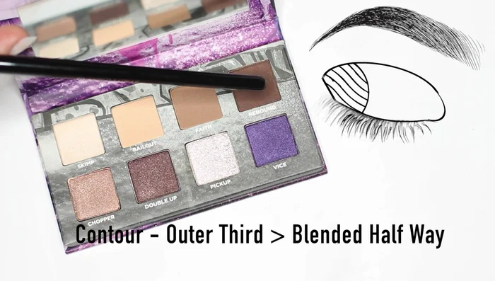 Apply shade number four on the outer half of the eye as a contour shade, blending softly towards the halfway point.