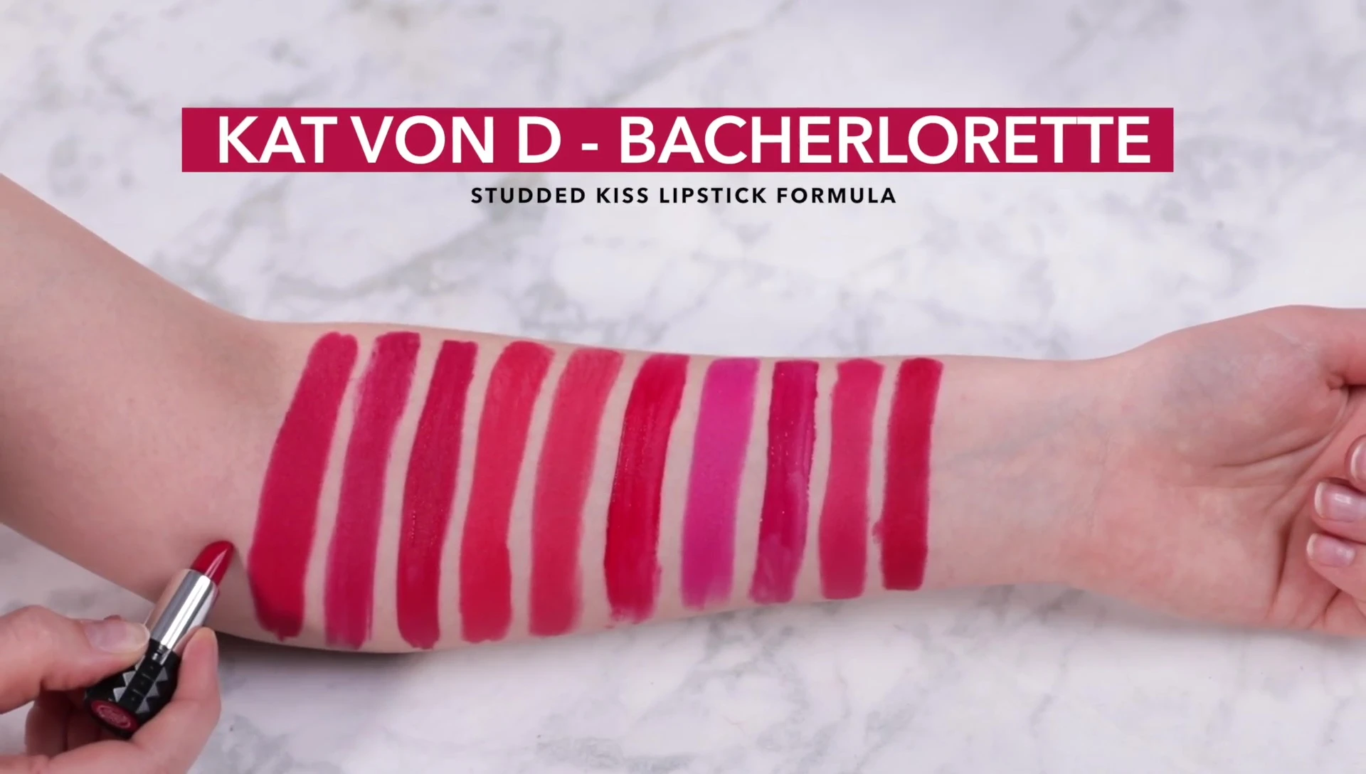 Direct comparison swatch of Full Panic and Kat Von D Bachelorette.