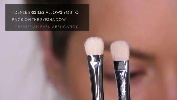 Apply lid color evenly and fully using a flat shader brush. Its dense bristles hold pigment well, preventing messy application. The sharp edge allows for precision.