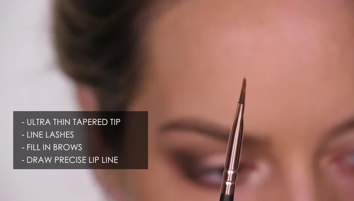 Create a sharp wing with an eyeliner brush. Consider the brush tip thickness for desired liner thickness. Angled ferrules provide maximum control.