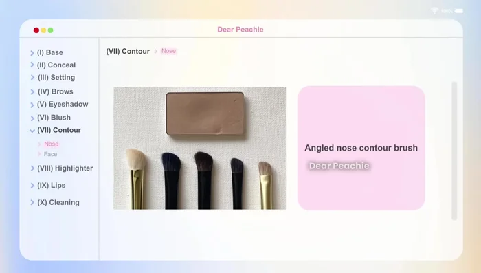 Nose Contouring: The sickle-shaped nose contour brush, with its fan-like structure and average bristle thickness, generally provides a more natural-looking contour than the angled brush, better conforming to the nose's curve.