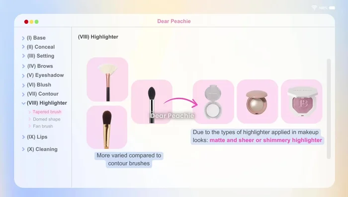 Highlighting: For matte highlighter, a tapered brush provides a natural, subtle glow. A matte domed brush is suitable for more concentrated highlight application. For shimmery highlighter, a fan brush offers precise placement and prevents excess product.