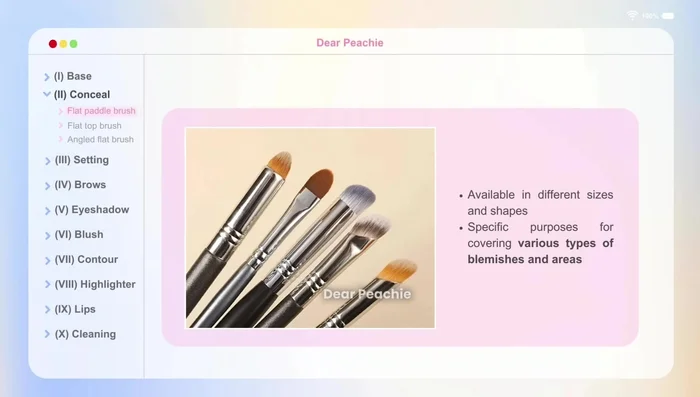 Concealing: The flat paddle concealer brush is best for precise spot concealing of smaller blemishes. Flat top concealer brush covers larger areas effectively, but not ideal for under eyes. Flat angled brush is preferred for under-eye concealing.