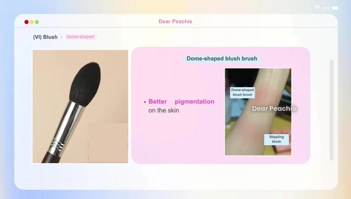 Blush: The dome-shaped blush brush is best for less pigmented blushes. The round brush works well with natural tone blushes. The angled contour brush is ideal for contouring. Stippling brushes are good for vibrant blushes and beginners.