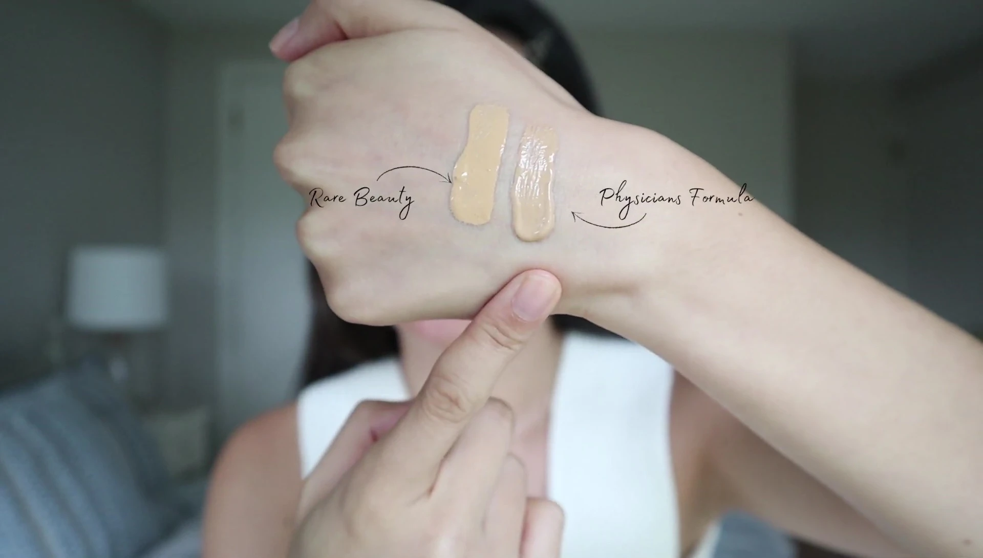 Side-by-side comparison of Rare Beauty and Physicians Formula foundations.