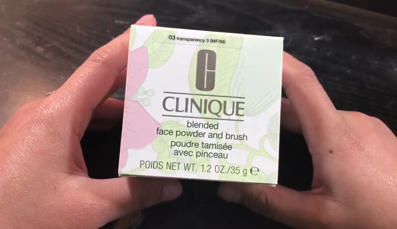 Close-up of the Clinique Blended Face Powder box, showing the weight of the product and design.
