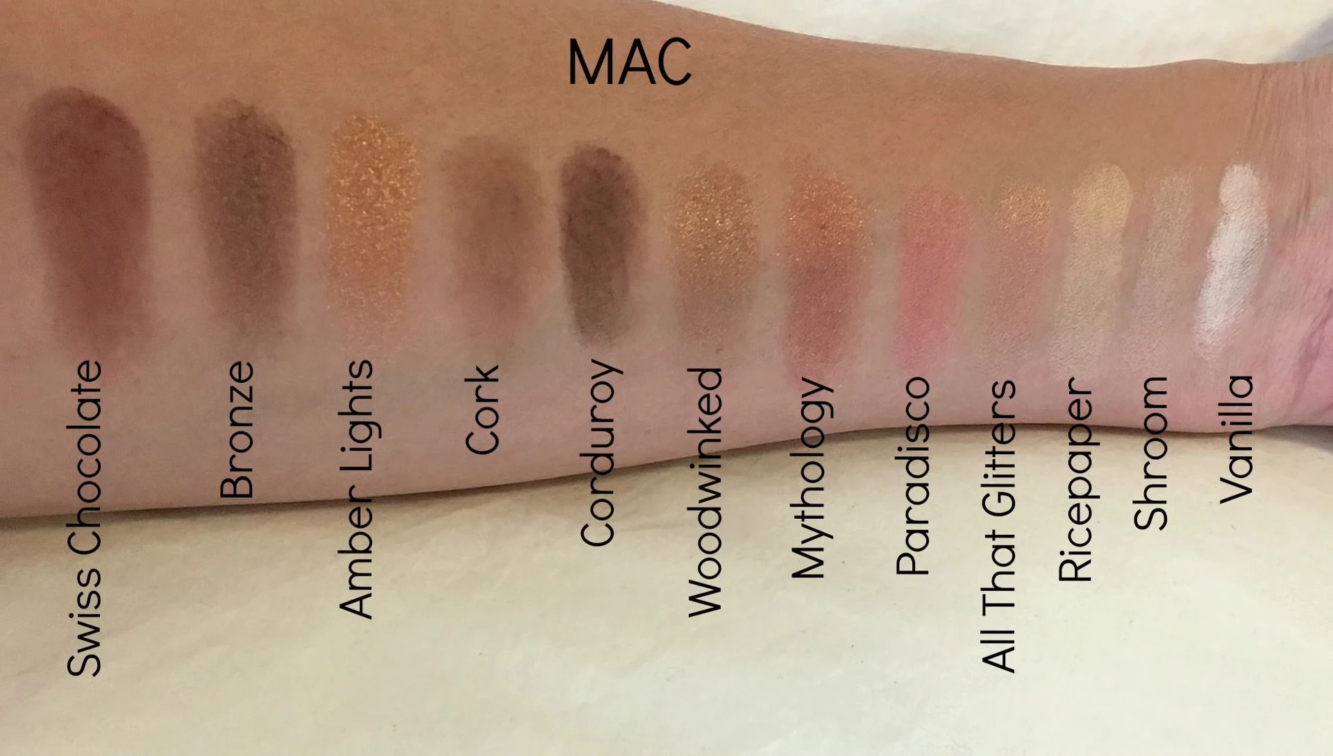 Swatches of the eyeshadows from the palette.
